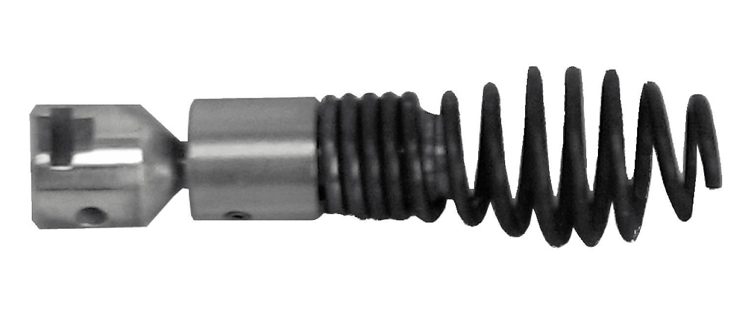 Metalowa sprężyna o cylindrycznym kształcie z mocowaniem na końcu. Skręcany design, charakterystyczny dla mechanicznych elementów stosowanych w maszynach.