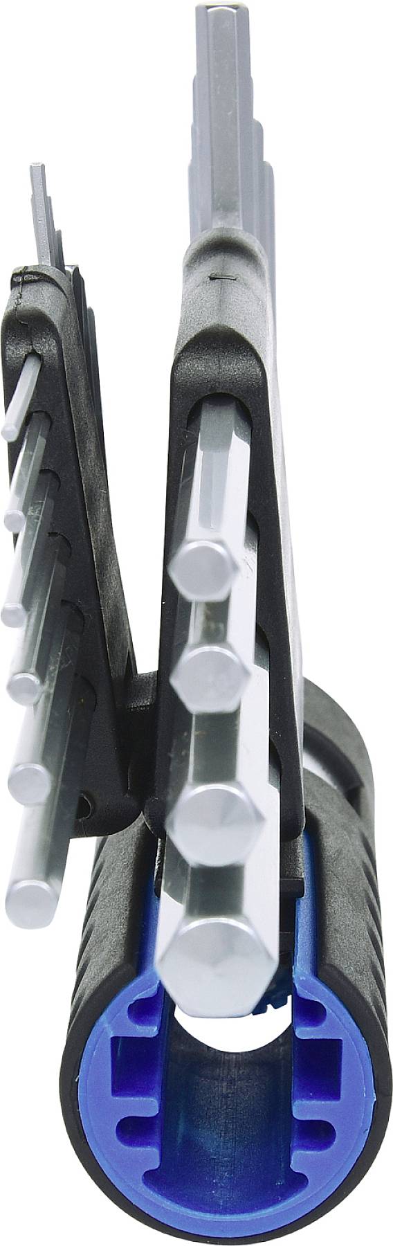 Ilustracja narzędzia do czyszczenia otworu wiertniczego ze składnikami w kolorach niebieskim i srebrnym, stosowanego do skutecznego usuwania zanieczyszczeń.