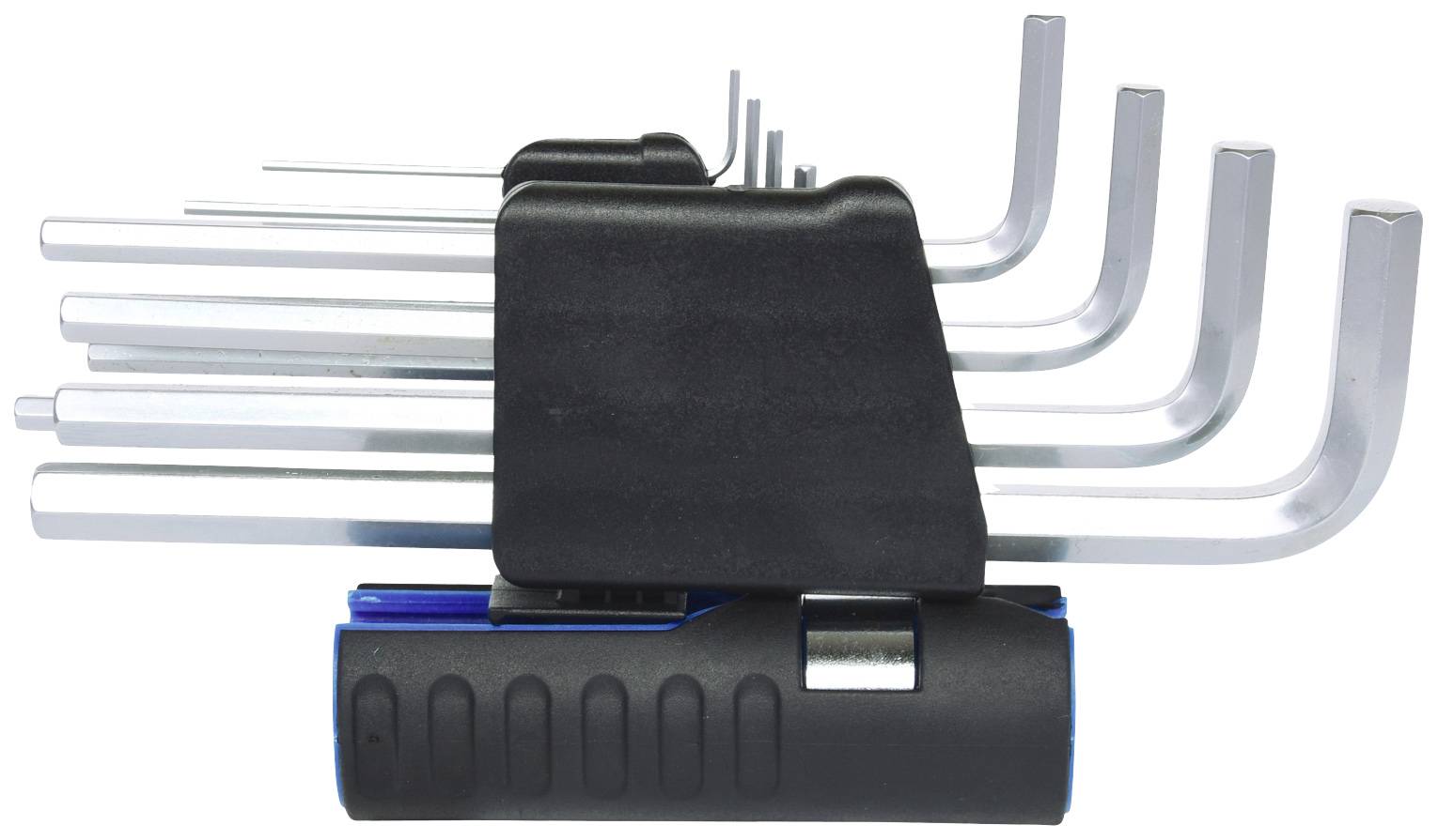 Zestaw dziewięciu kluczy imbusowych w różnych rozmiarach, ułożonych według wielkości, z czarnym uchwytem.