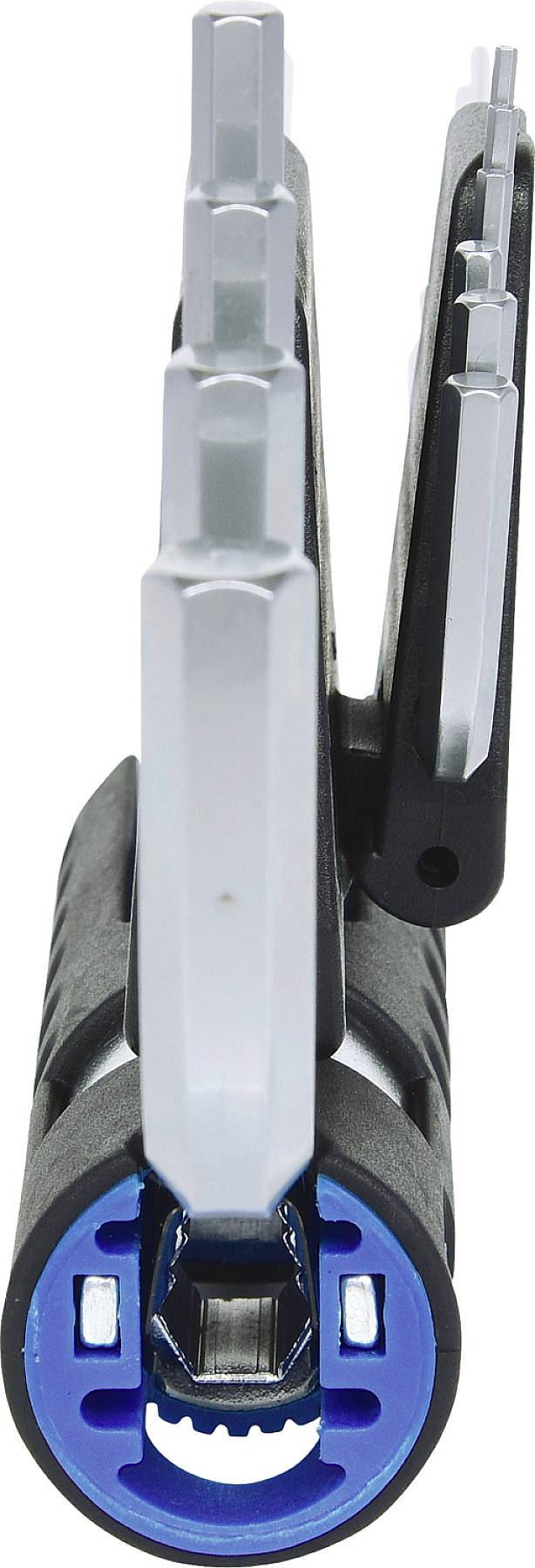 Zbliżenie zestawu kluczy imbusowych o różnych rozmiarach, składanych, umieszczonych w niebiesko-czarnym etui.