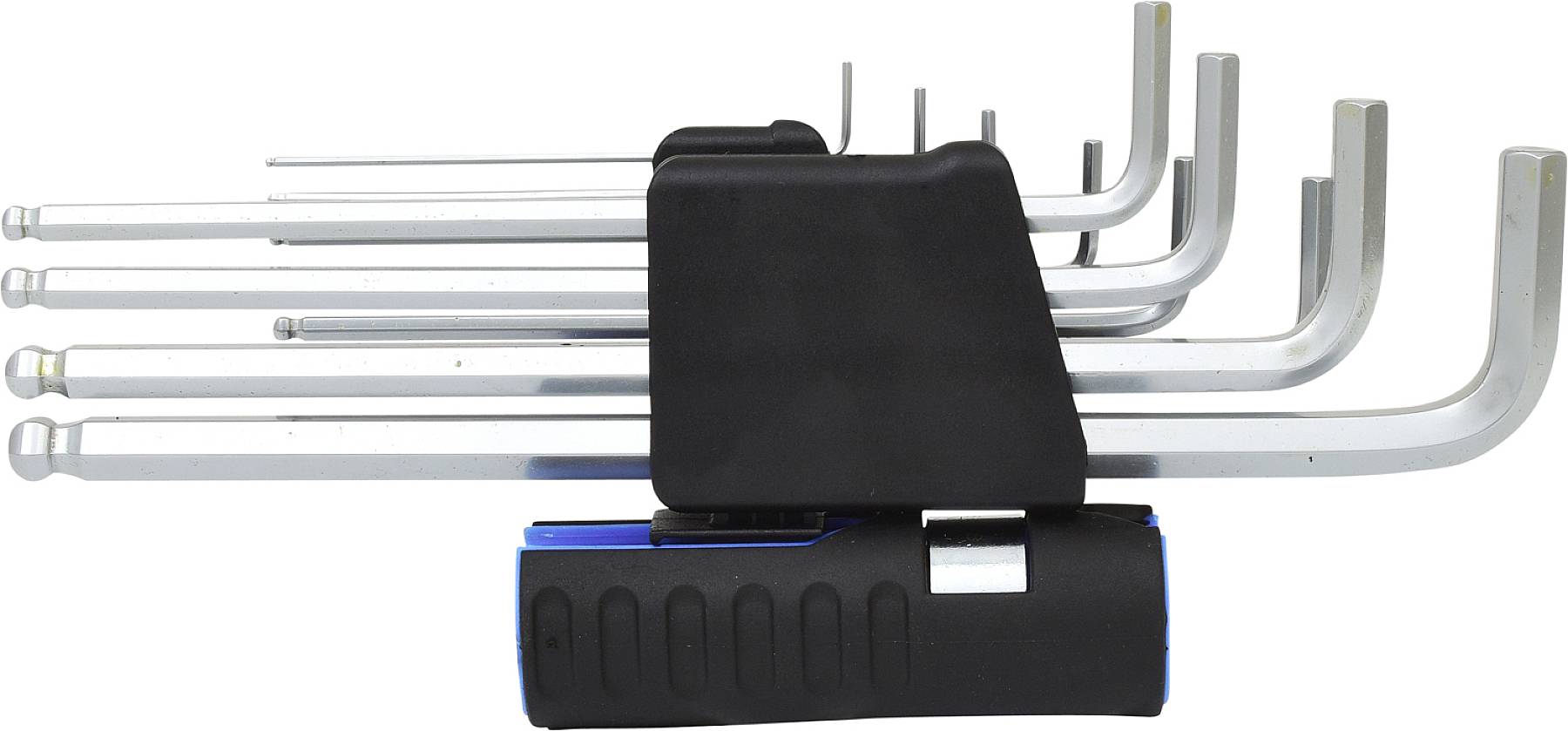 Zestaw sześciu srebrnych kluczy imbusowych o różnych rozmiarach, umieszczony w czarno-niebieskim uchwycie.