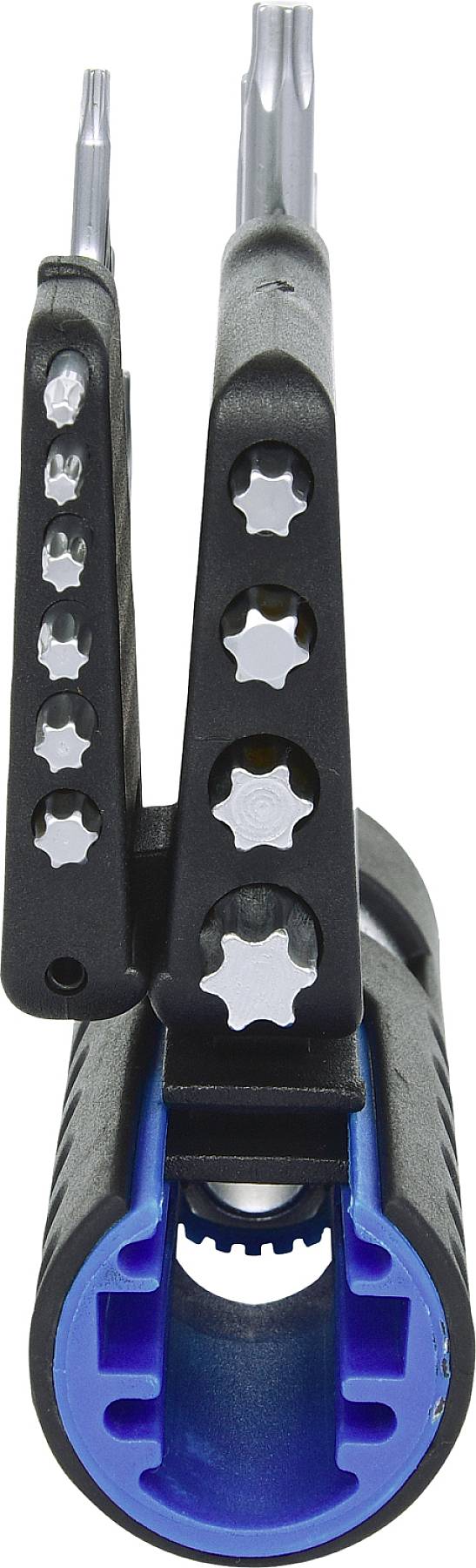 Dwa czarne narzędzia z gwiazdkowymi wkładkami, połączone niebieskim uchwytem. Nadają się do prac naprawczych.