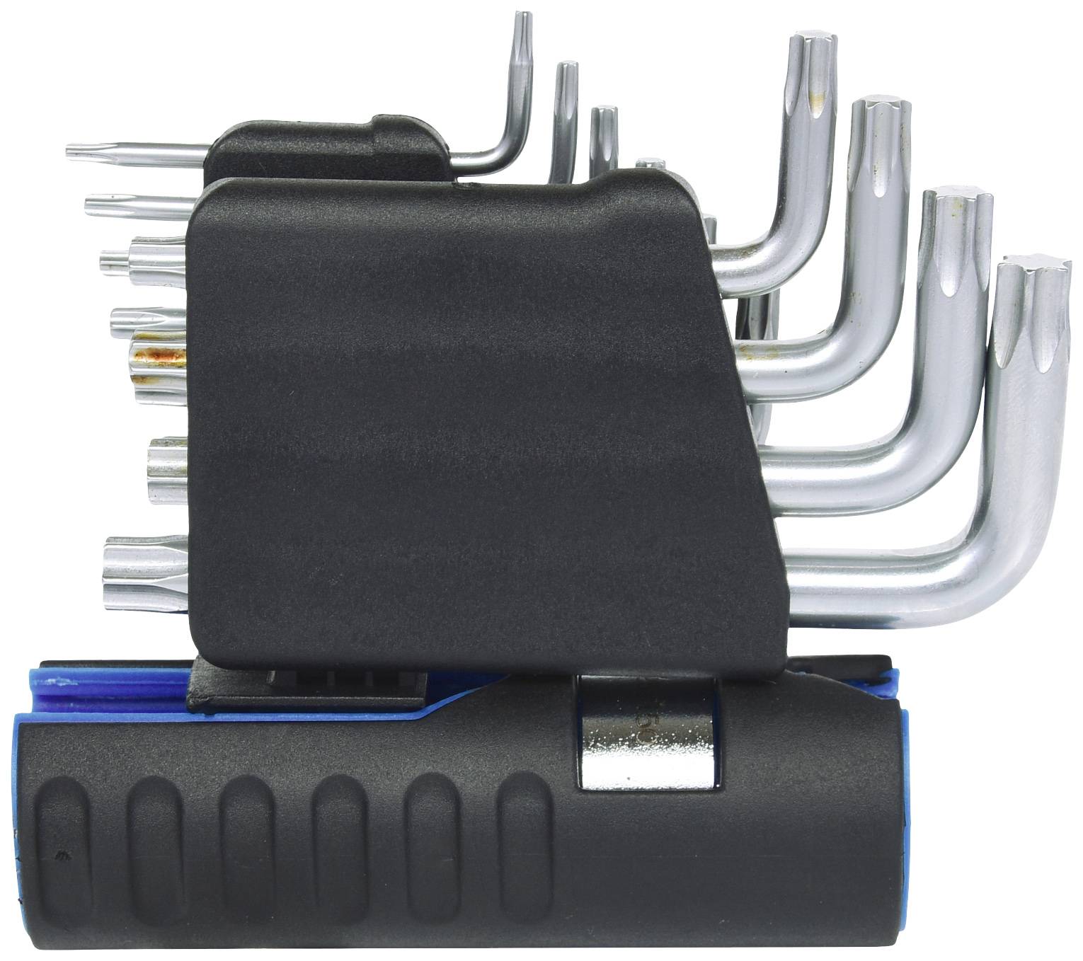 Zestaw kluczy sześciokątnych w różnych rozmiarach, ułożonych w czarnym uchwycie, idealny do różnych prac naprawczych.