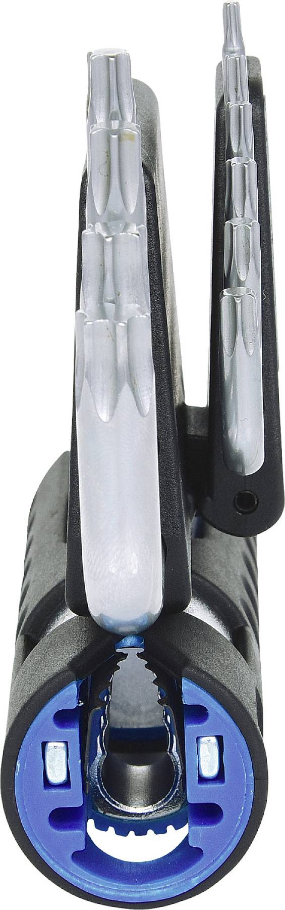 Zbliżenie niebieskiego klucza wielofunkcyjnego z różnymi końcówkami przystosowanymi do różnych profili śrub.