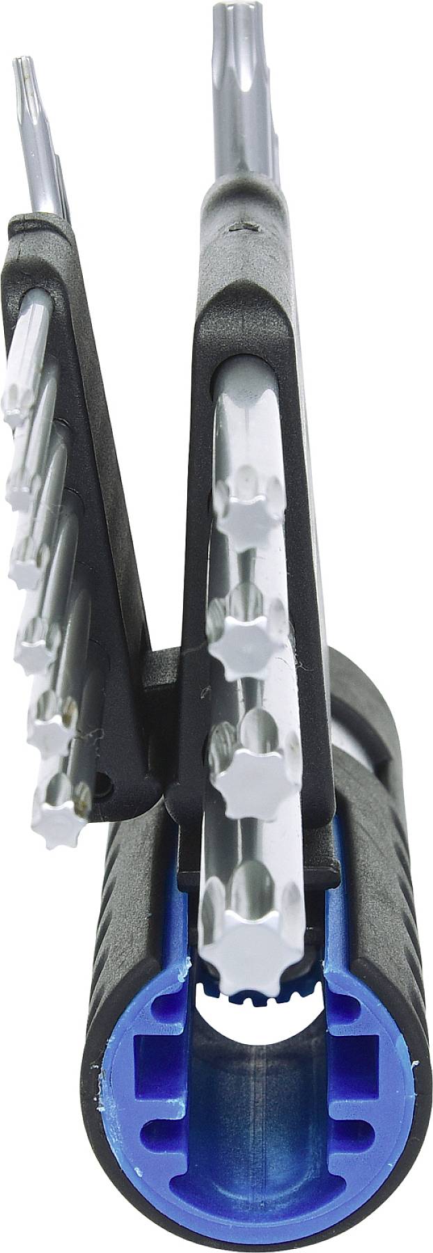 Kołek rozporowy z tworzywa sztucznego z niebieską, okrągłą podstawą i szarymi, gwiazdkowatymi elementami w części wewnętrznej, widok z boku.