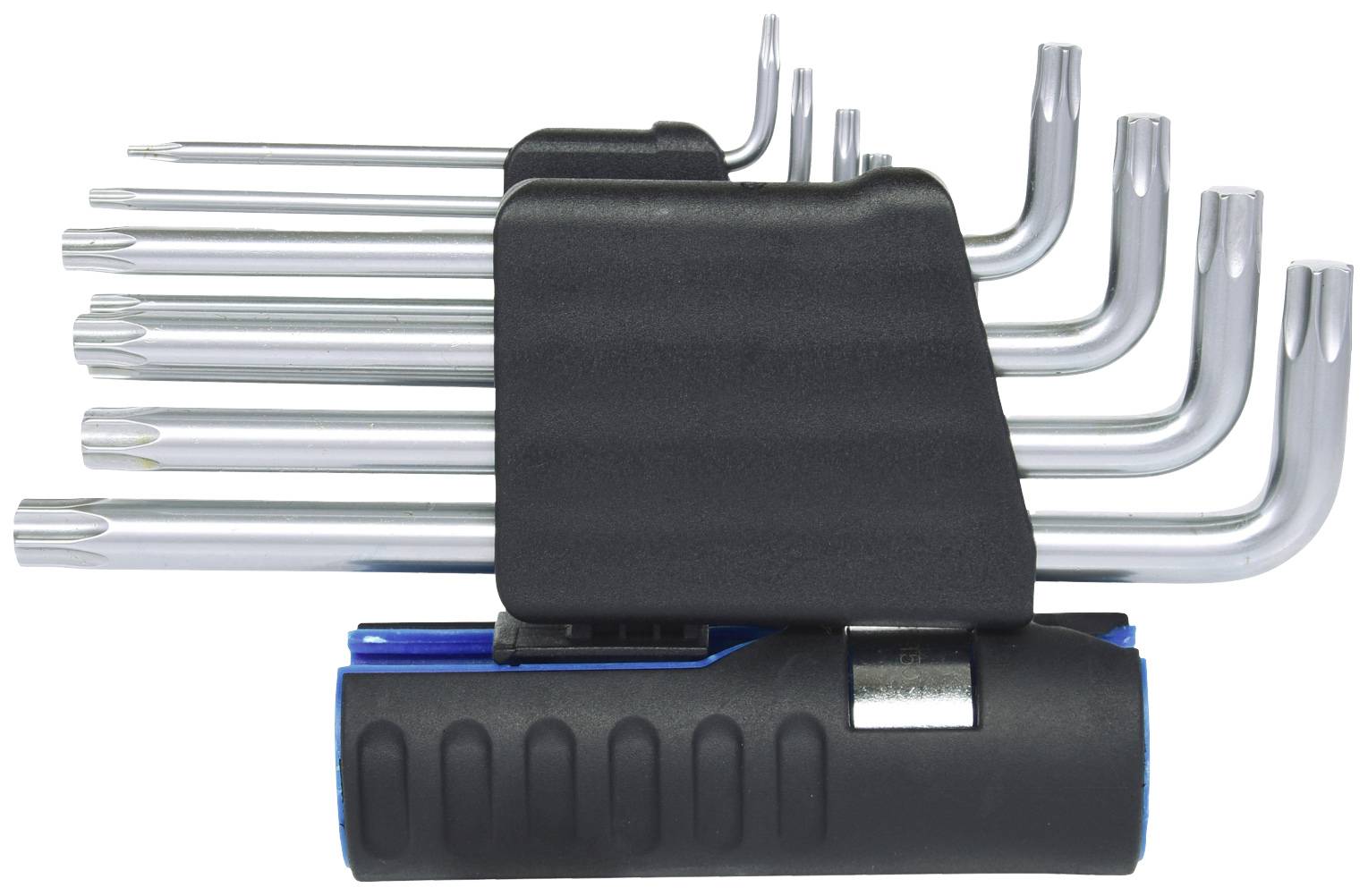 Zestaw kluczy imbusowych w kształcie litery L w różnych rozmiarach, umieszczony w czarnym uchwycie z niebieskim uchwytem.