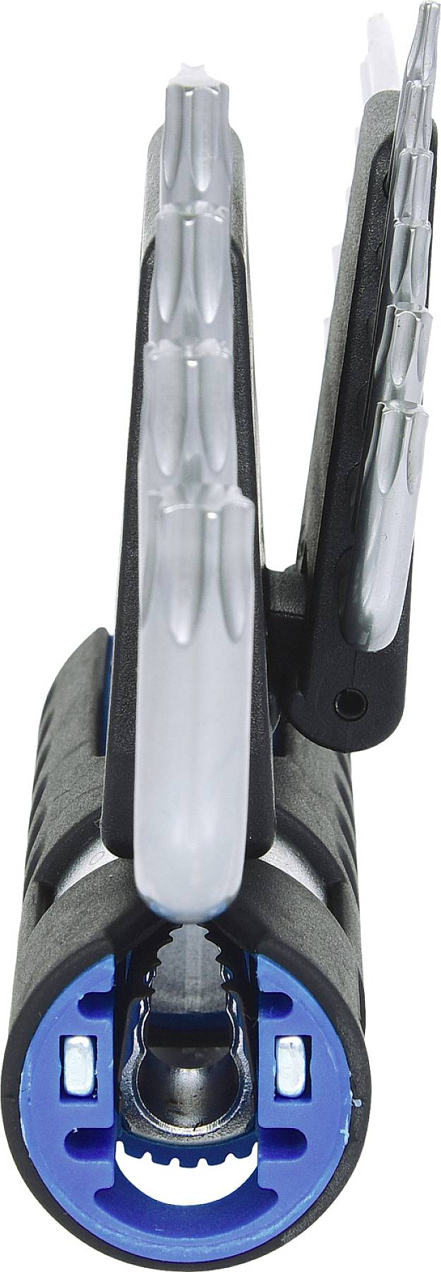 Kołek Fischer w zbliżeniu, z szarymi mechanizmami składanymi i niebieskim pierścieniem wewnętrznym, ilustrujący funkcję uchylną.