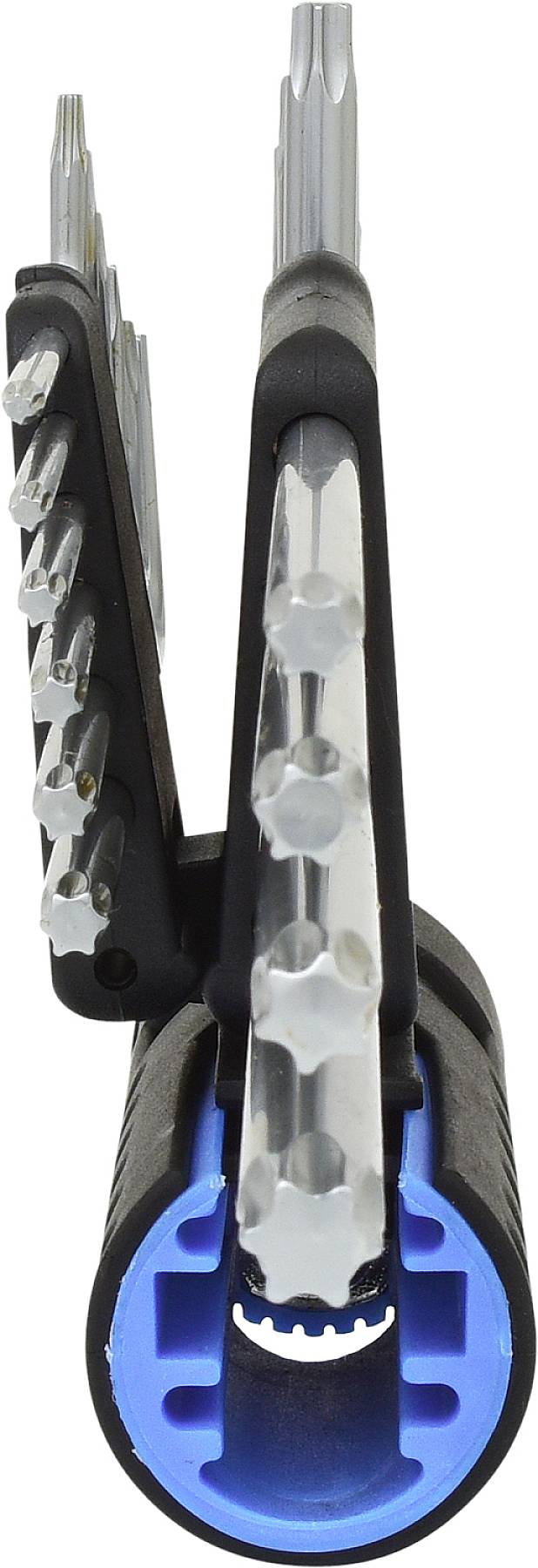 Składane multitool z różnymi bitami i końcówkami, częściowo widoczne w niebieskim i czarnym uchwycie.