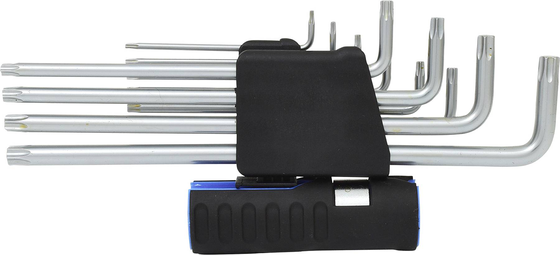 Zestaw dziewięciu srebrnych wkrętaków kątowych w czarnym stojaku, ułożonych według rozmiaru, od najmniejszego do największego.