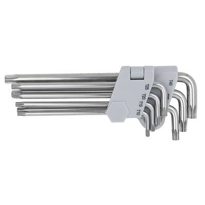 Zestaw kluczy Torx w szarym uchwycie, ponumerowanych od T10 do T40. Klucze są metalowe i mają główki Torx.
