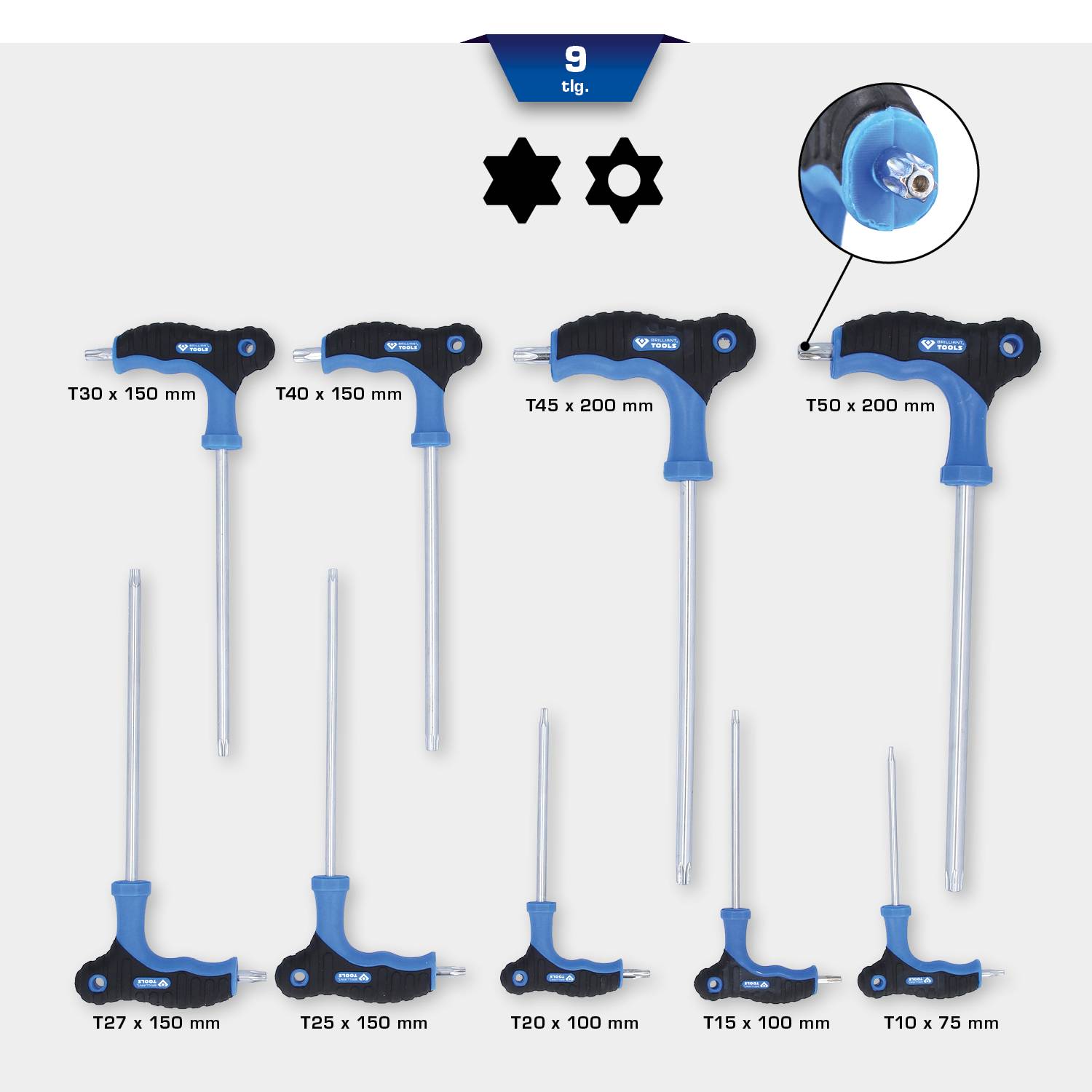 Dziewięcioczęściowy zestaw wkrętaków z uchwytem T i profilem Torx w różnych rozmiarach, od T10 do T50, wykonany ze stali chromowo-wanadowej.