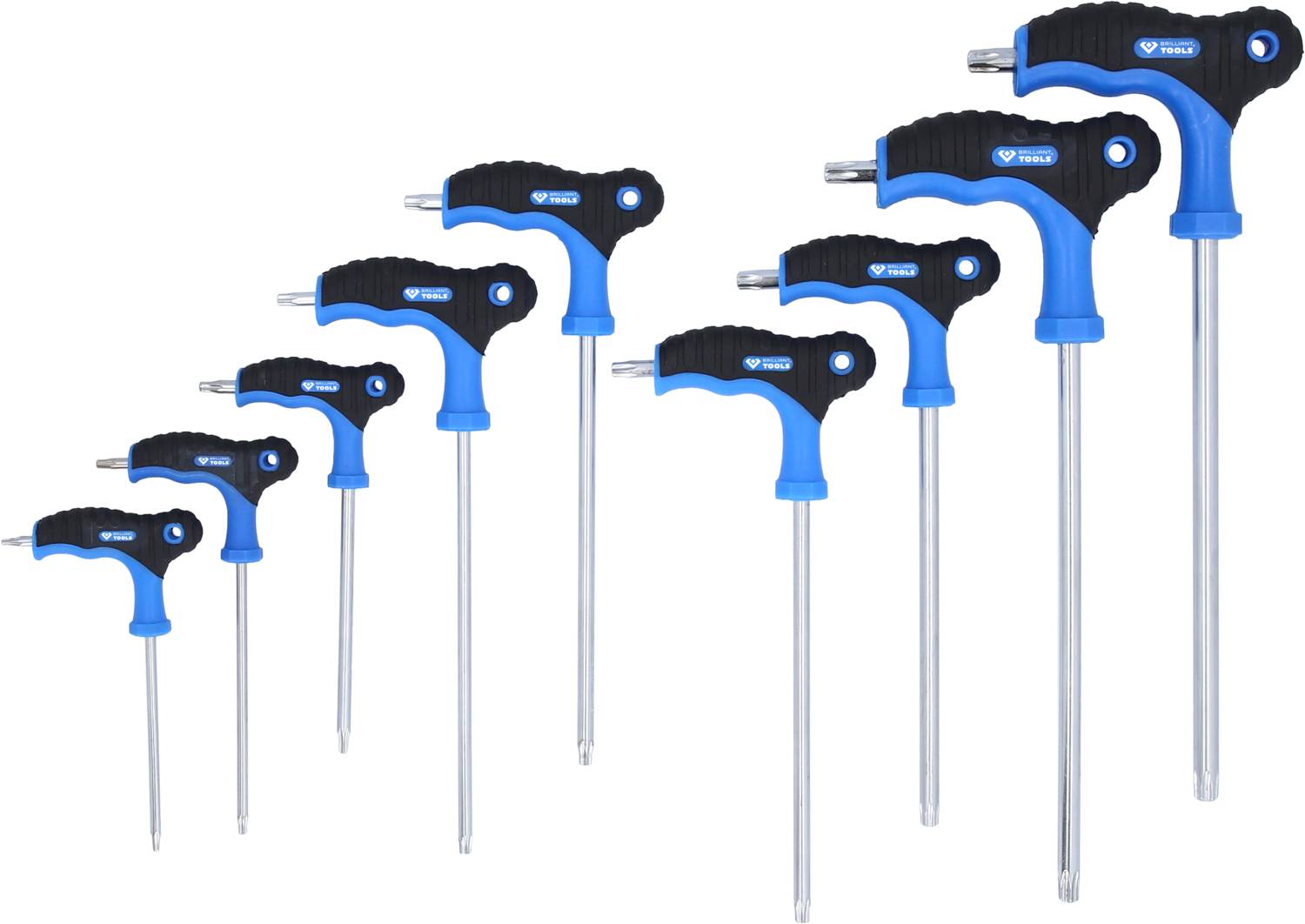 Zestaw dziewięciu sześciokątnych kluczy imbusowych z uchwytem T, w różnych rozmiarach, od małych po lewej stronie do dużych po prawej stronie, z niebieskimi i czarnymi uchwytami.