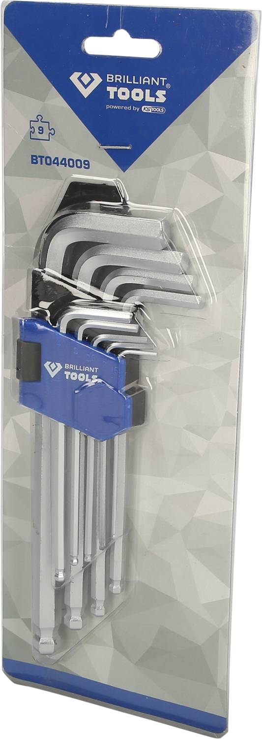 Zestaw kluczy imbusowych marki Brilliant Tools w różnych rozmiarach, pakowany w blister. Numer identyfikacyjny: BT044009.