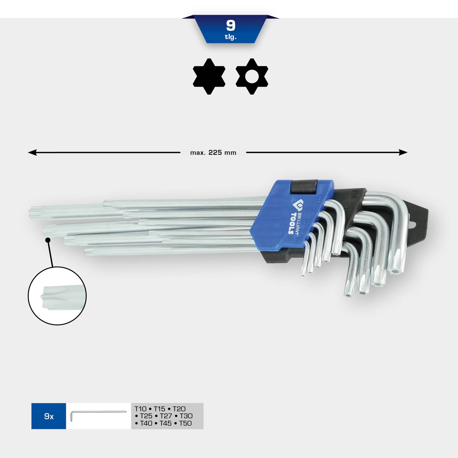 Zestaw 9 kluczy imbusowych Torx (T10 do T50) w uchwycie, maksymalna długość 225 mm, odpowiedni do różnych rozmiarów śrub.