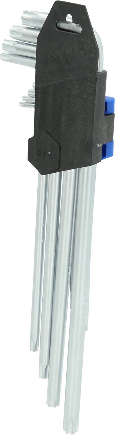 Zestaw kluczy imbusowych w różnych rozmiarach, zamocowanych w czarnym uchwycie z klipsem.