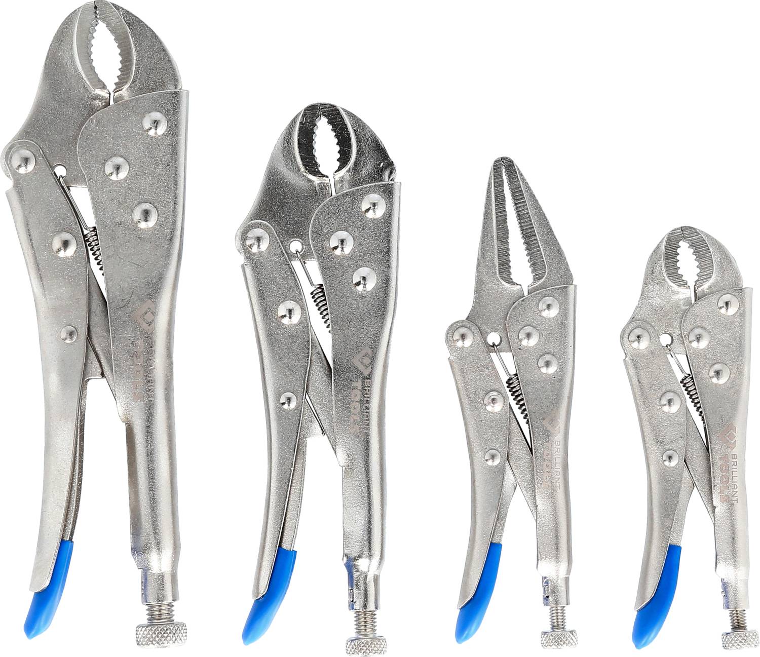Cztery srebrne, regulowane szczypce z niebieskimi uchwytami w różnych rozmiarach, ułożone obok siebie na białym tle.