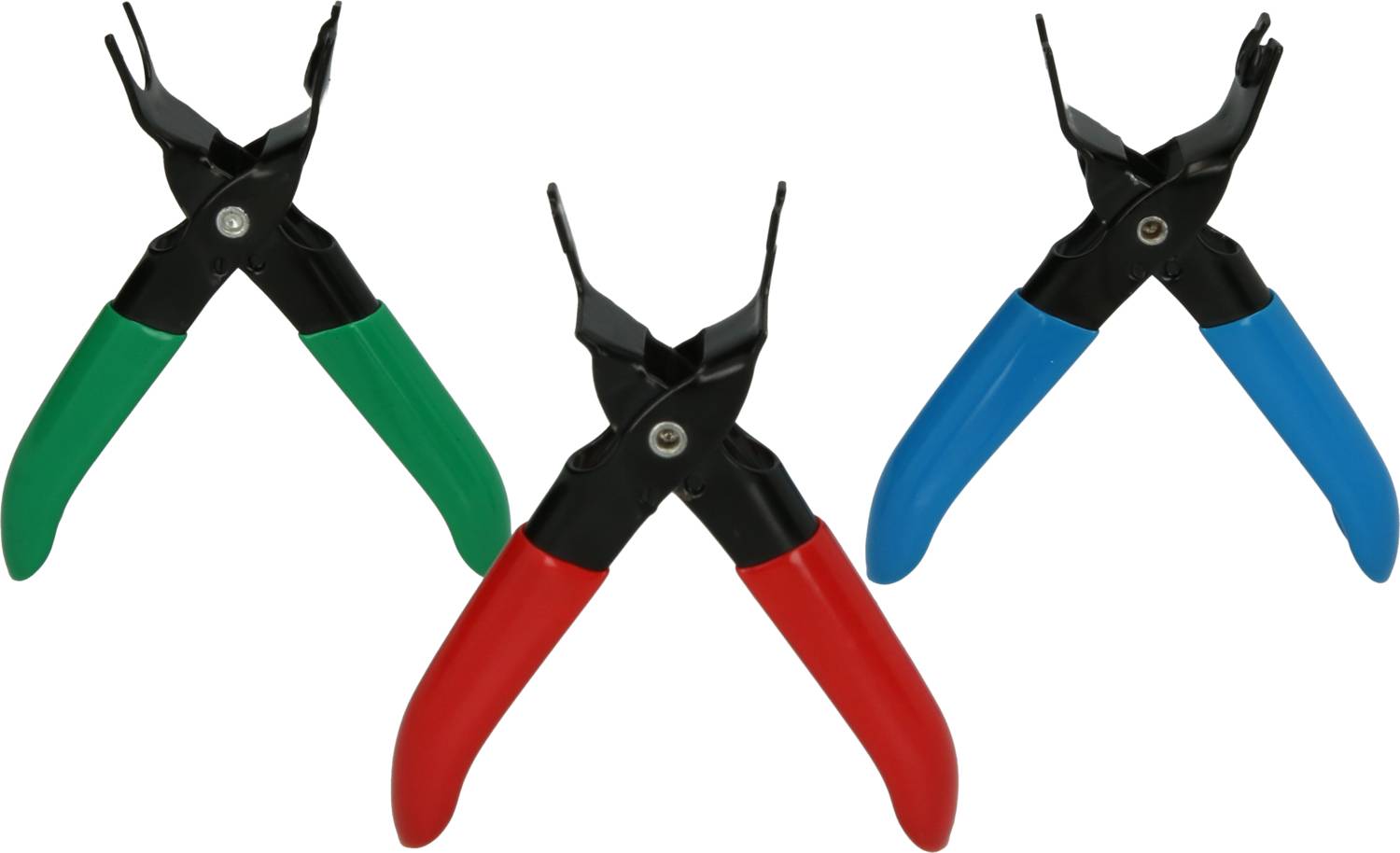 Trzy szczypce w kolorach zielonym, czerwonym i niebieskim, rozmieszczone symetrycznie na białym tle.
