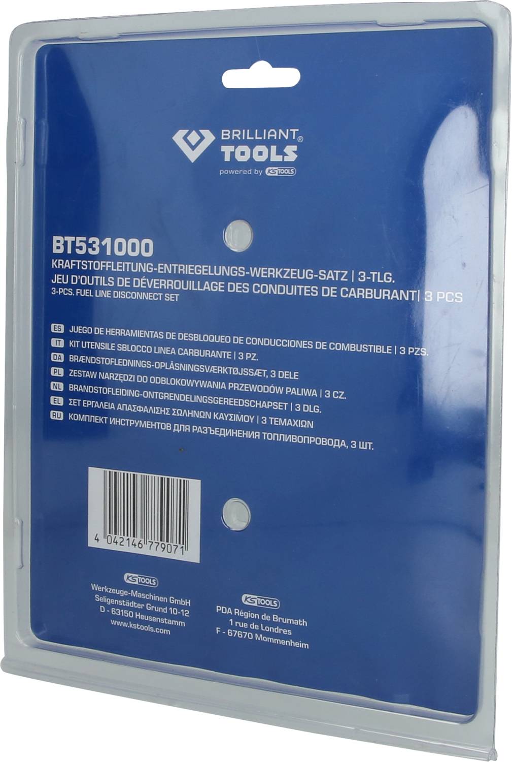 Opakowanie 3-elementowego zestawu narzędzi do odblokowania przewodów paliwowych. Zawiera numer modelu BT531000 oraz kod kreskowy.
