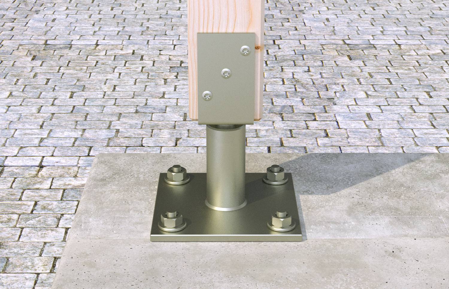 Metalowy słupek nośny z drewnianym słupem, zamontowany na płycie betonowej. Otoczony wyłożonym kostką brukową podłożem.