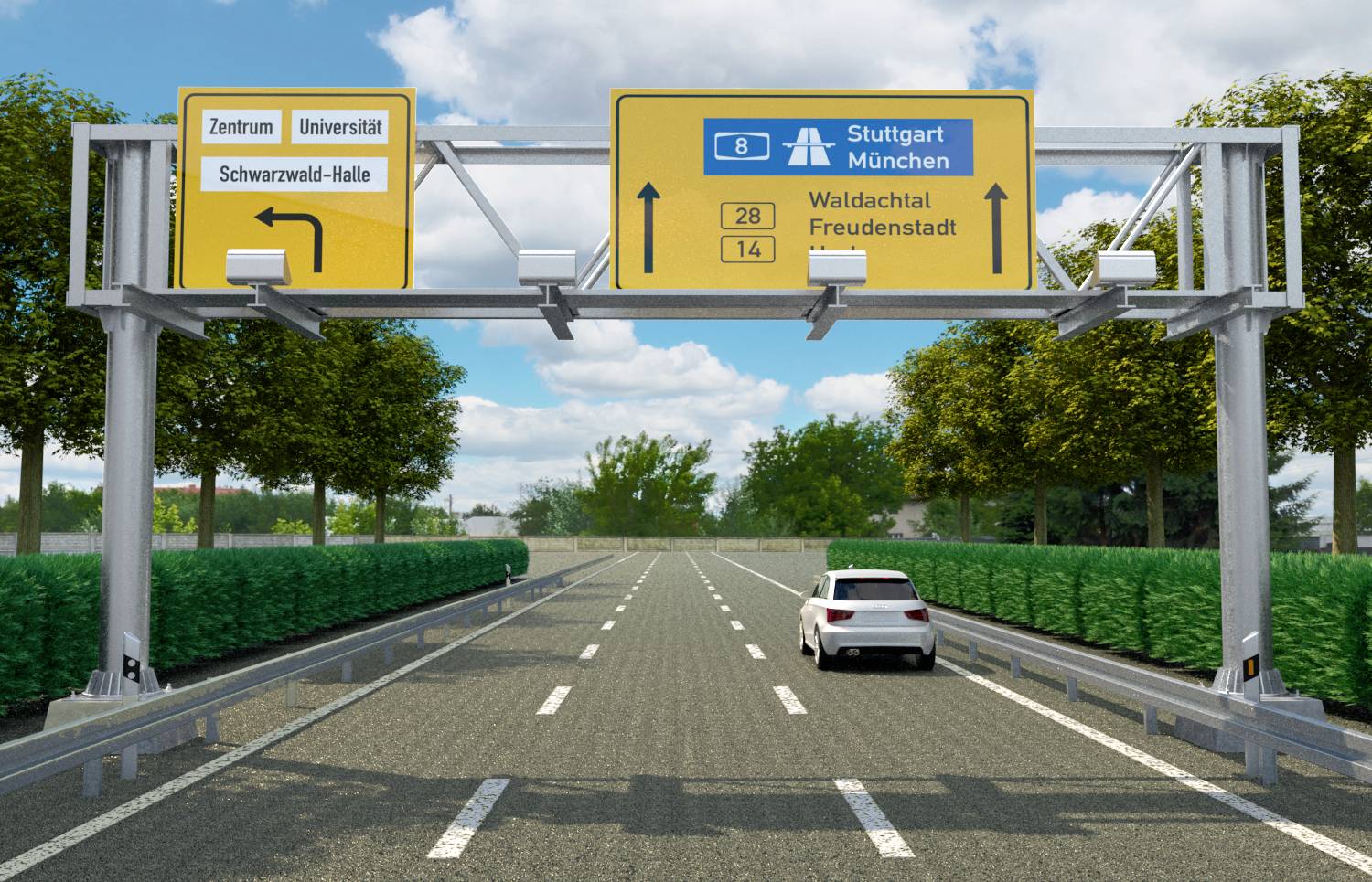 Autostrada z tablicami kierunkowymi w kierunku 'Stuttgart' i 'Monachium', oznaczonymi niebieskimi i żółtymi znakami, białą limuzyną jadącą w jej kierunku.