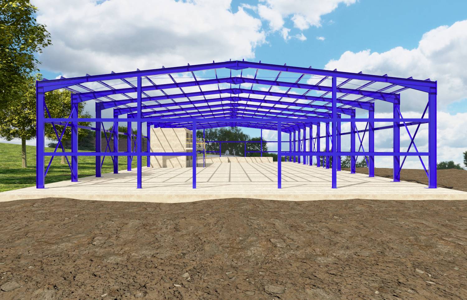 Metalowa konstrukcja budowanego budynku, bez ścian. Niebieski stalowy szkielet, w tle czysty błękitny nieboskłon.