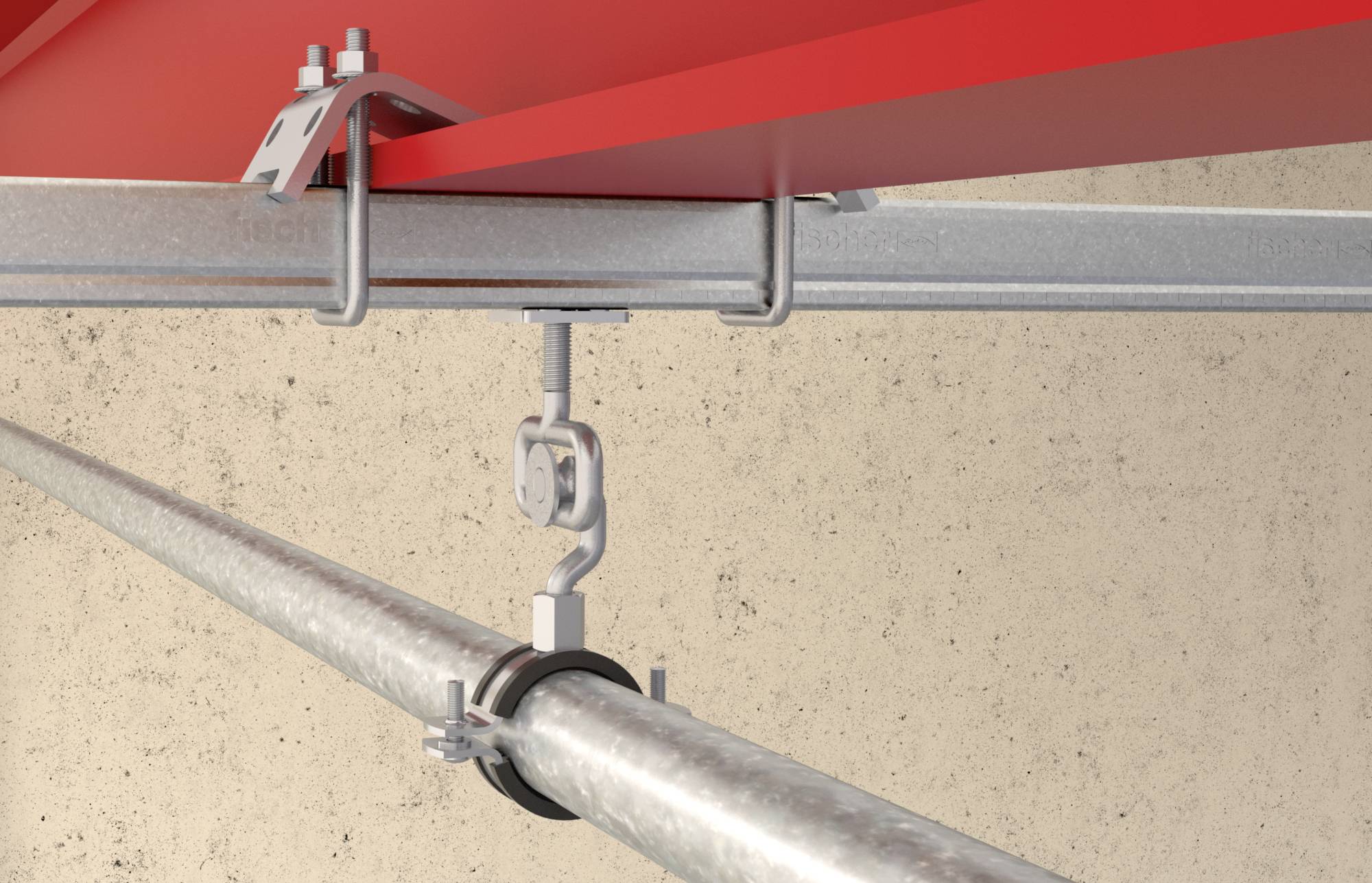 Rurociąg z systemem mocowania sufitowego, metalowe obejmy i śruby zabezpieczają rurę, na betonowym tle.