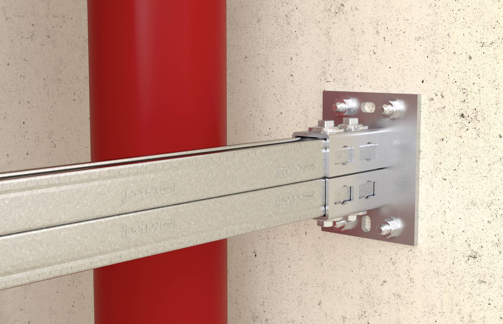 Dwie metalowe szyny są przymocowane do wspornika ściennego. Czerwona pionowa rura biegnie równolegle do ściany.