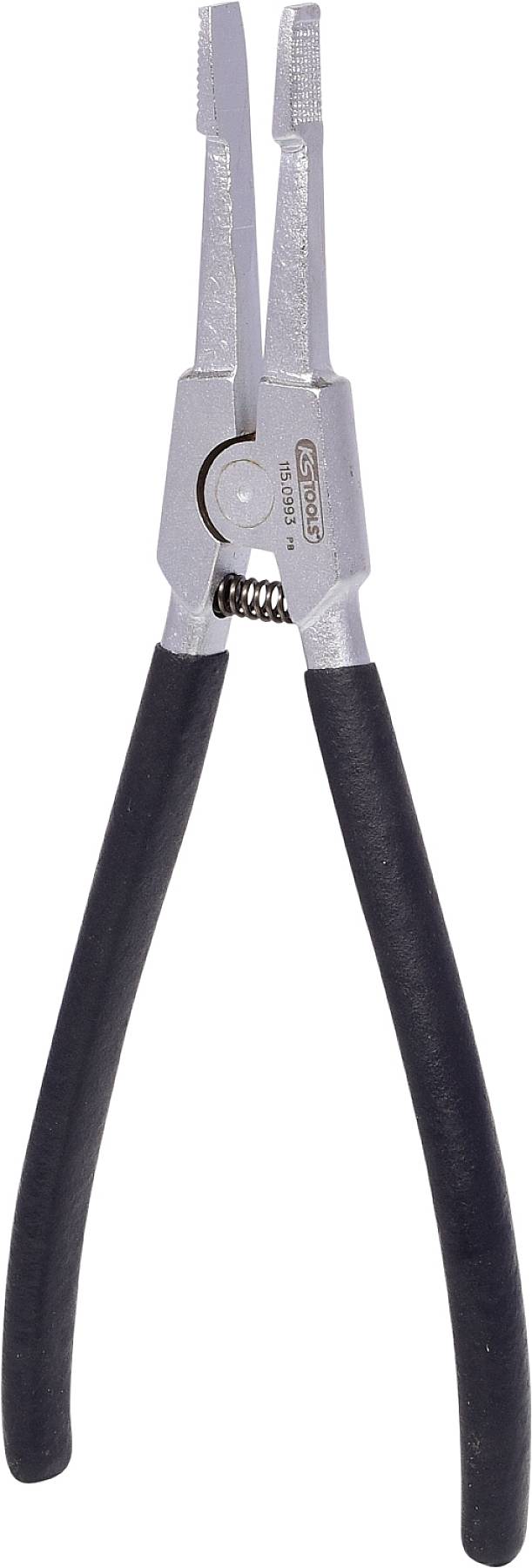 Srebrne szczypce z czarnymi uchwytami, pokazane w pozycji pionowej z zamkniętymi końcówkami. Nadają się do prac rzemieślniczych lub napraw.