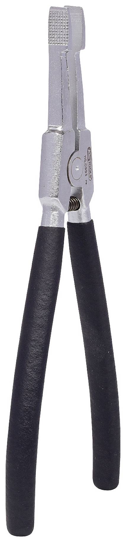 Srebrne szczypce z czarną rękojeścią. Nadają się do trzymania lub chwytania przedmiotów podczas prac rzemieślniczych lub naprawczych.