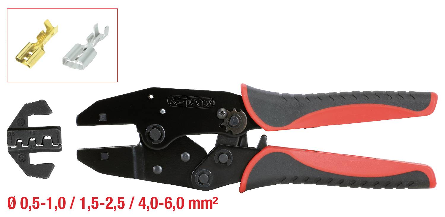 Szczypce zaciskowe z rękojeścią w kolorze czerwono-czarnym, odpowiednie dla przekrojów kabli 0,5-6,0 mm². Dwa złącza są widoczne w lewym górnym rogu.