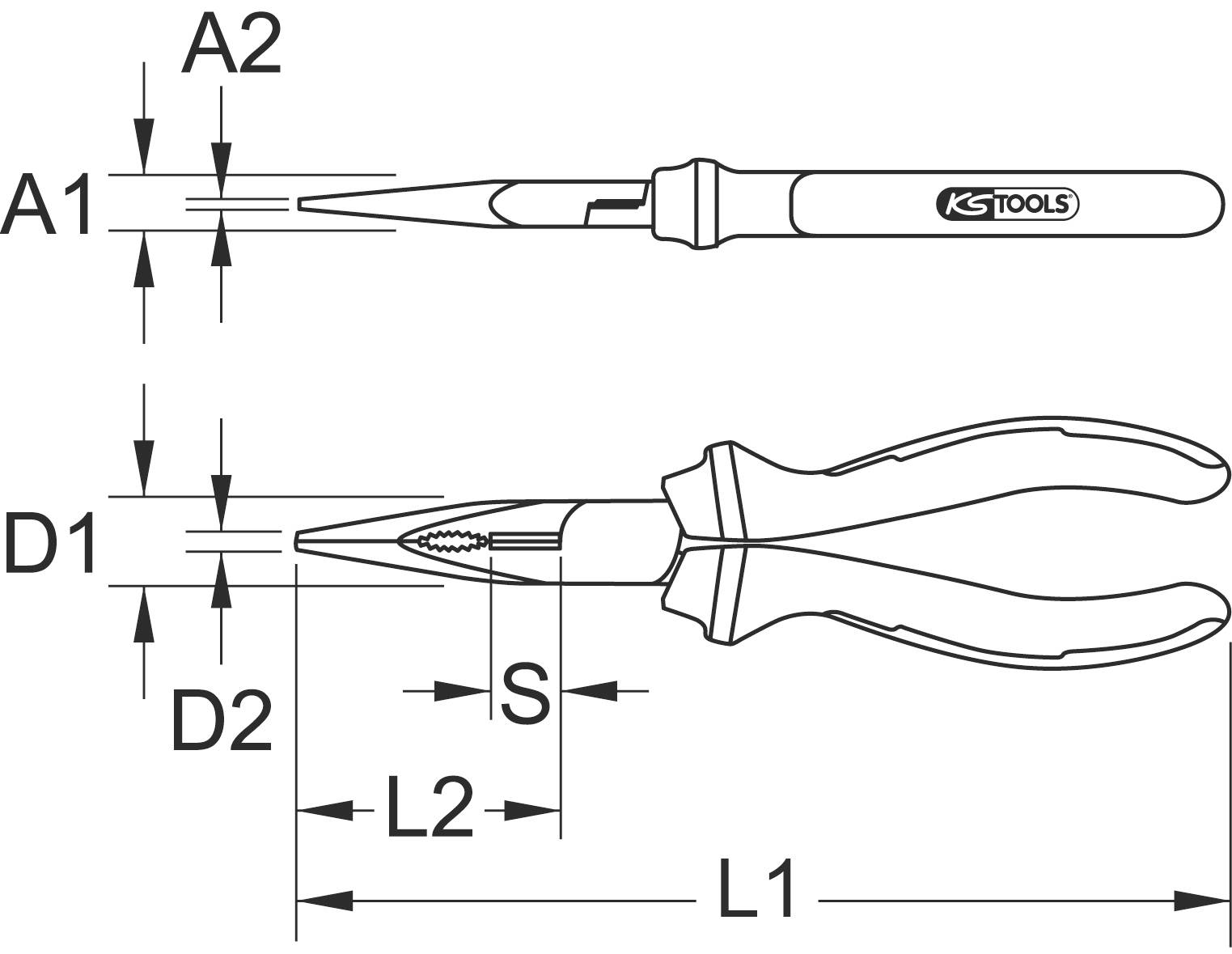 Rysunek szczypiec z wymiarami: A1, A2, D1, D2, S, L1, L2. Nazwa marki: KS TOOLS. Widok z boku i z góry.