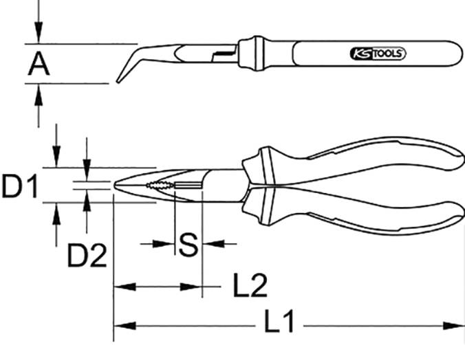 Rysunek przedstawia rysunek techniczny dwóch narzędzi. Na górze skalpel z wymiarami 'A', na dole szczypce z wymiarami 'D1', 'D2', 'S', 'L1', 'L2'.