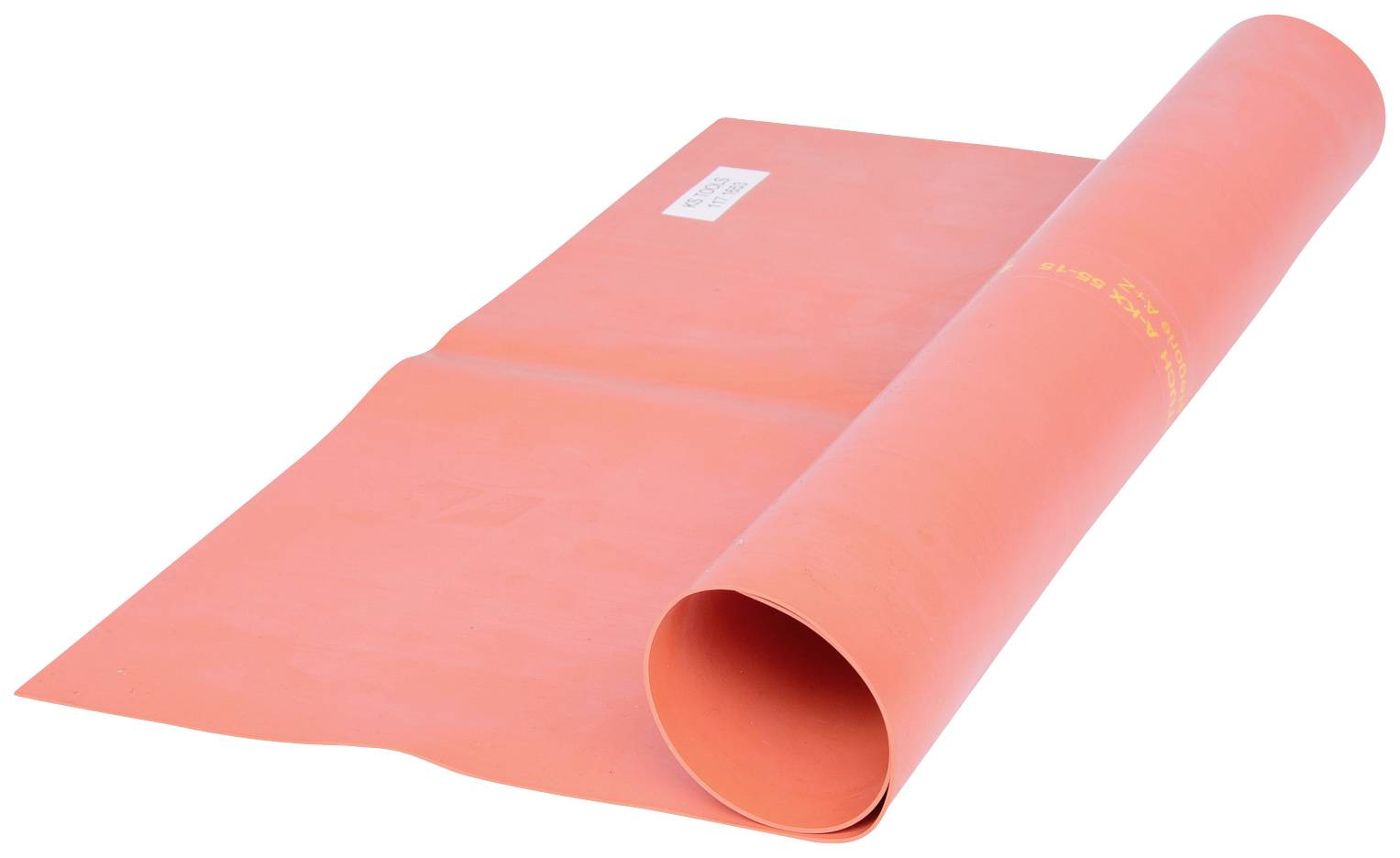 Czerwona mata izolacyjna jest częściowo zwinięta. Służy do izolacji elektrycznej podczas prac pod napięciem.