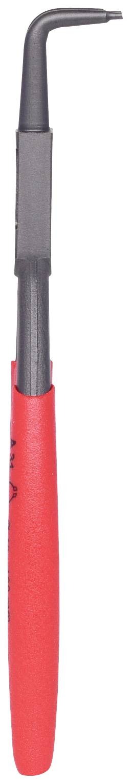 Narzędzie z czerwonym uchwytem i zakrzywionym końcem, przypominające hak, służy do chwytania lub usuwania małych przedmiotów.