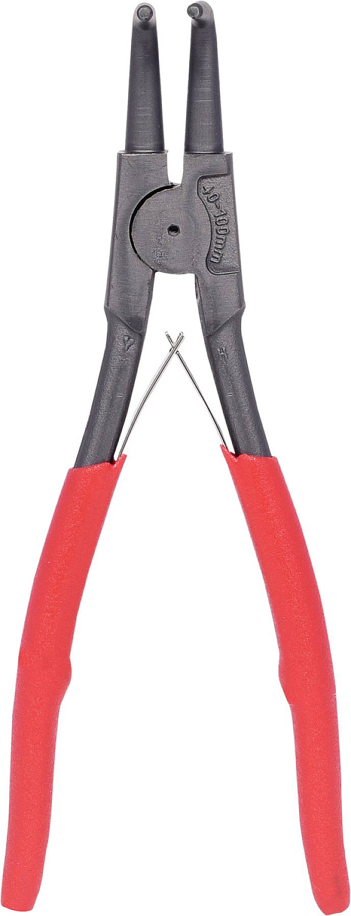 Czerwone szczypce do pierścieni segera z czarnymi szczękami i uchwytami, służące do zdejmowania lub zakładania pierścieni sprężynowych.