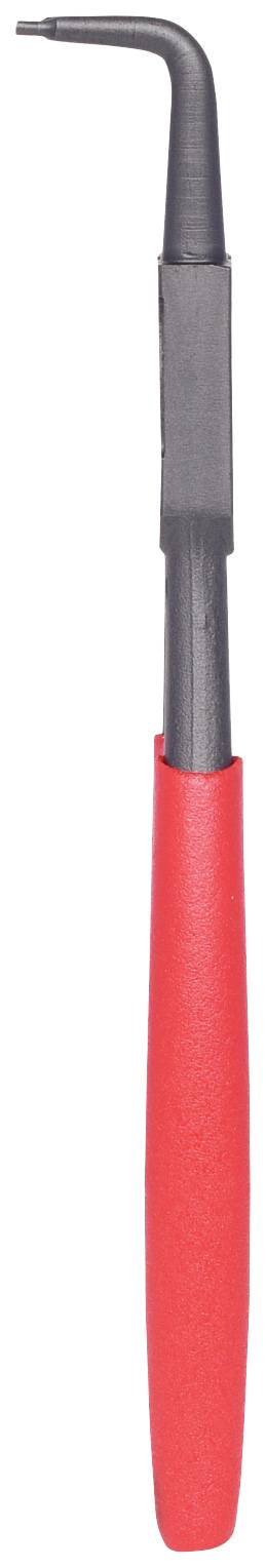 Hak narzędziowy z czerwonym uchwytem i zagiętym metalowym czubkiem, prawdopodobnie przeznaczony do zwalniania lub przytrzymywania małych przedmiotów.