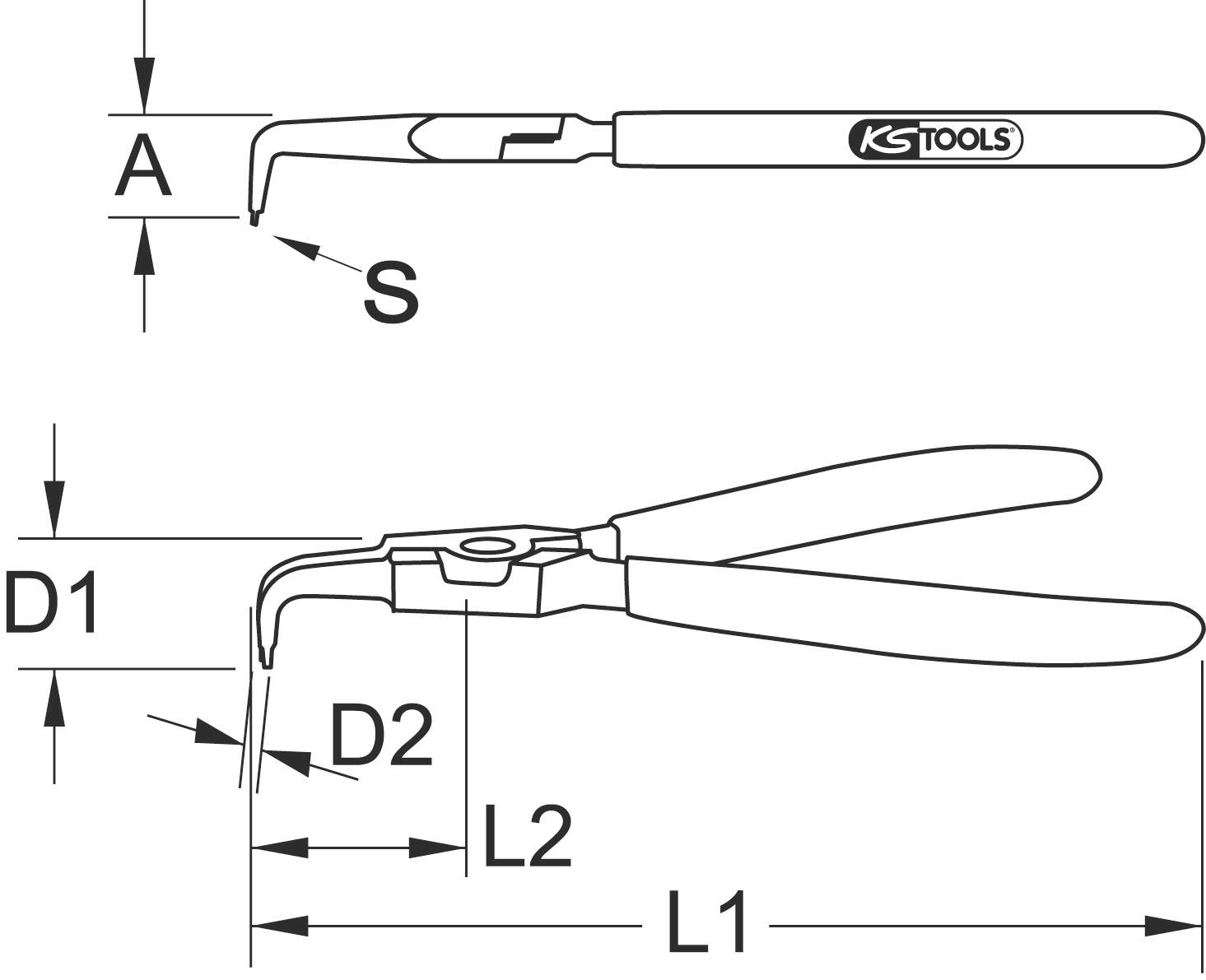 Rysunek techniczny szczypiec: przedstawia wymiary A, S, D1, D2, L1, L2 oraz oznaczenie 'KS TOOLS'. Służy jako instrukcja pomiarowa.