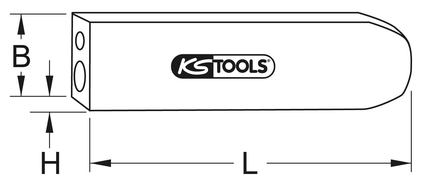 Rozmiary klucza 'KS Tools': Długość (L), Wysokość (H), Szerokość (B) są podane. Szkic ilustrujący wymiary.