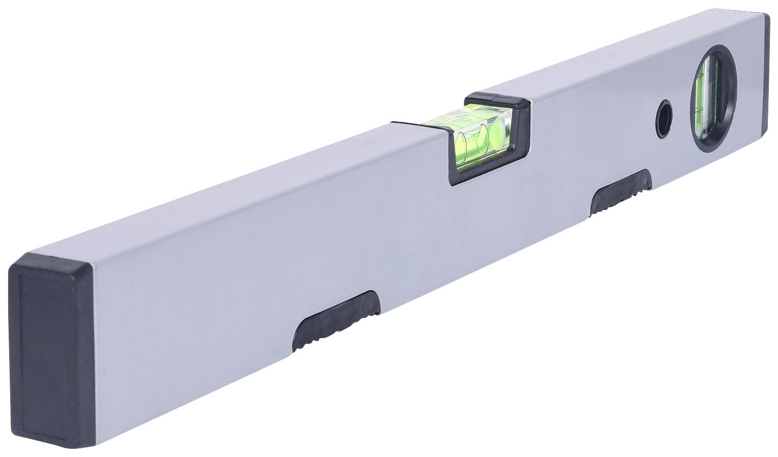 Srebrna poziomica z dwoma libelkami, używana do pomiaru poziomu w pionie i poziomie.