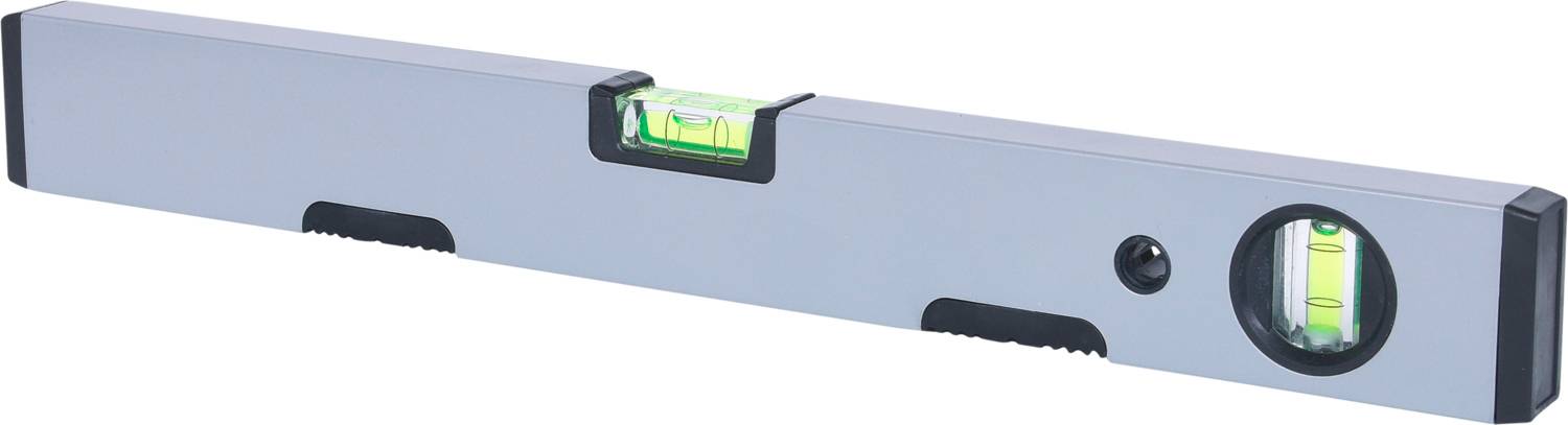 Poziomnica z dwoma zintegrowanymi poziomicami do pomiaru wyrównania w poziomie i pionie.