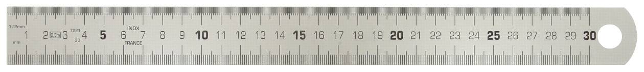 Metalowa linijka ze skalą centymetrową i milimetrową od 0 do 30 cm, rozpoczynająca się od lewej strony.