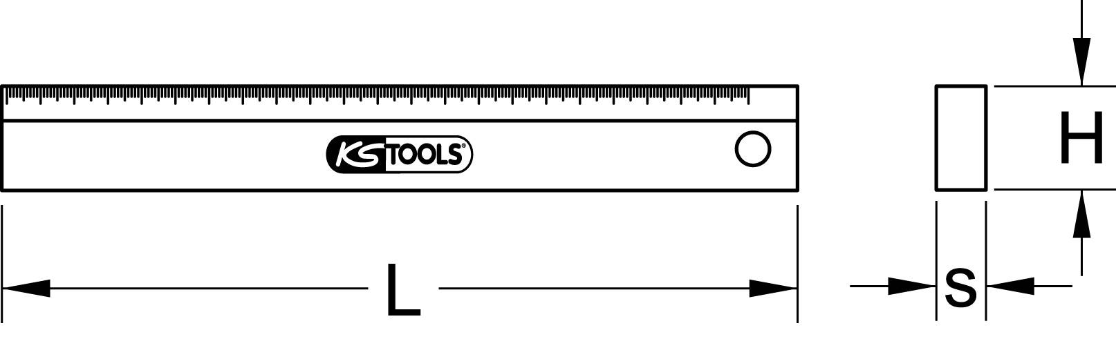 Rysunek stalowego kątownika firmy KS Tools, przedstawiający wymiary L, S i H.