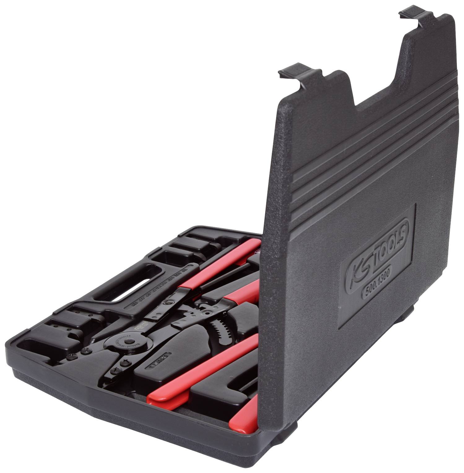 Otwarty kufer z narzędziami z szczypcami i akcesoriami. Kufer zawiera czerwone i czarne narzędzia, przeznaczone specjalnie do prac kablowych.