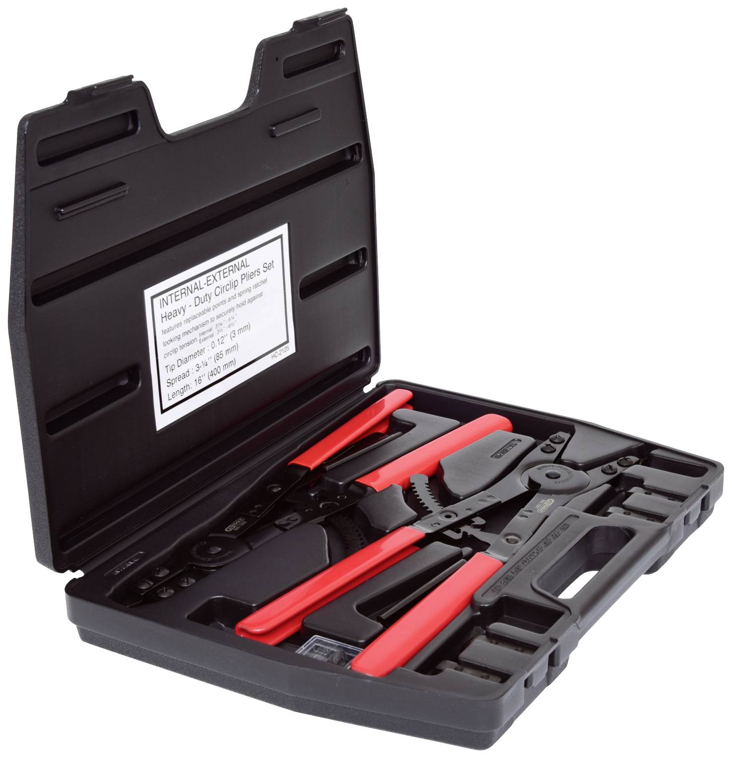 Czarny kufer z czerwonym zestawem narzędzi, składającym się ze szczypiec i akcesoriów do zacisków wewnętrznych i zewnętrznych.