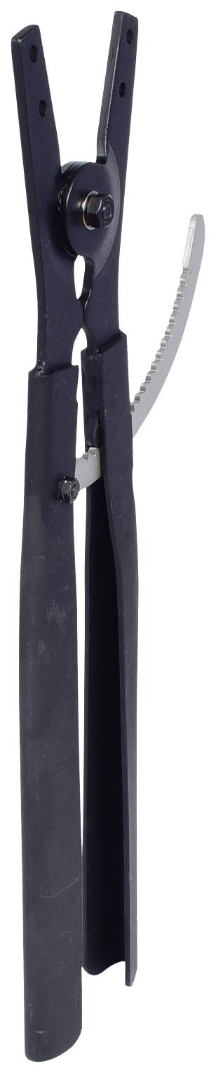 Czarna szczypce zaciskowe z uzębieniem na powierzchni chwytnej, odpowiednie do trzymania materiałów podczas prac budowlanych lub montażowych.