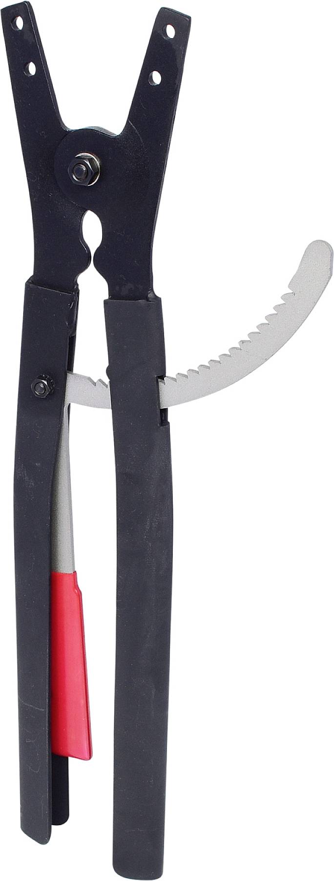 Czarna szczypce do ściągania izolacji z metalowym, ząbkowanym elementem, służące do zdejmowania osłony z przewodów.