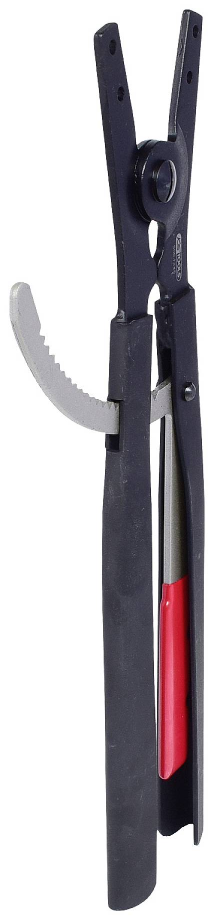 Szczypce z długą rękojeścią i czerwonym uchwytem gumowym, specjalnie zaprojektowane do chwytania i trzymania okrągłych przedmiotów lub rur.