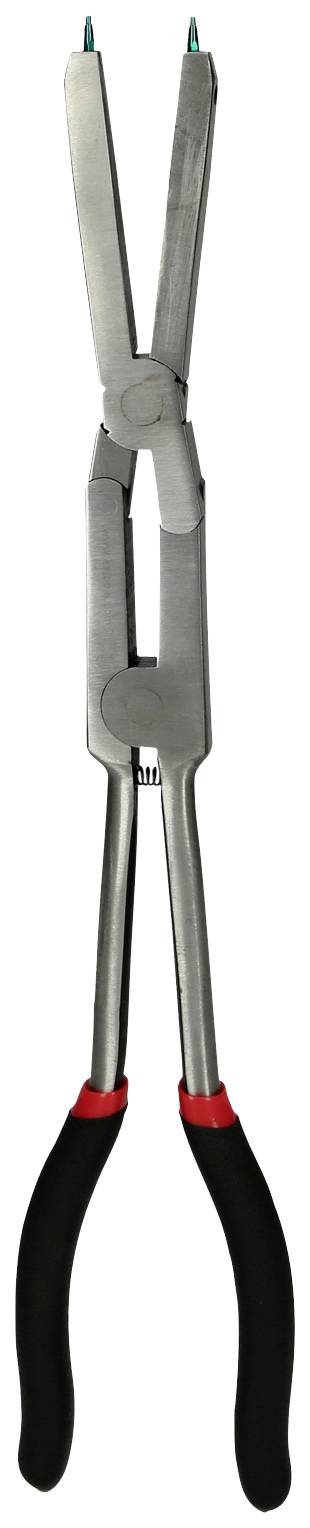 Długie szczypce metalowe z czarną rękojeścią, specjalnie przeznaczone do chwytania i manipulacji małymi przedmiotami lub do prac z drutem.