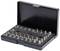 Zestaw bitów do wkrętaków w czarnym pudełku z tworzywa sztucznego, otwarty, z różnymi typami bitów ułożonymi w wkładce piankowej.