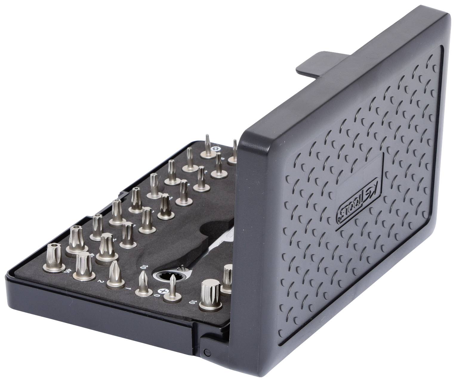 Zestaw końcówek wkrętakowych w otwartym etui z twardego plastiku. Zawiera różne rozmiary bitów do różnych rodzajów śrub.